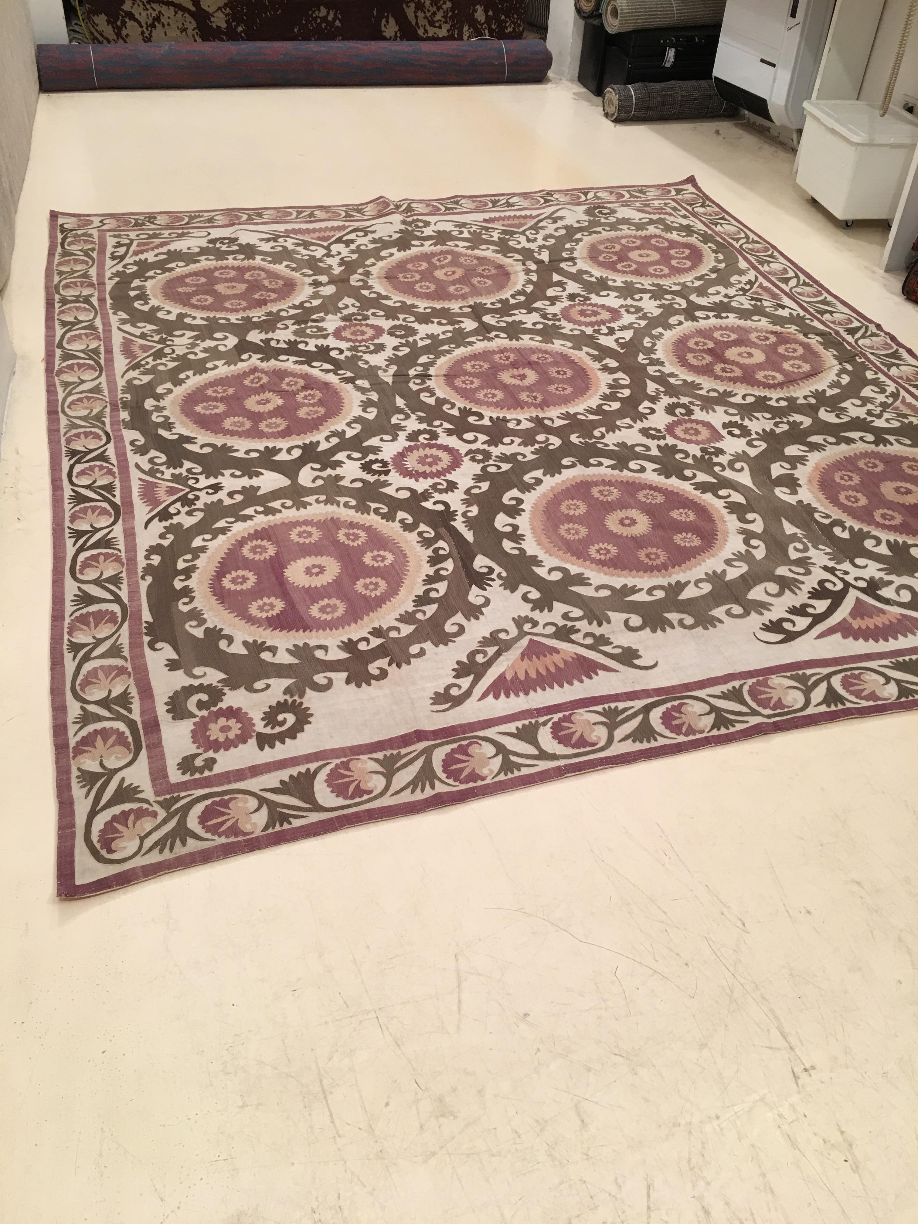Silk Vintage Central Asian Suzani Embroidery Rug For Sale