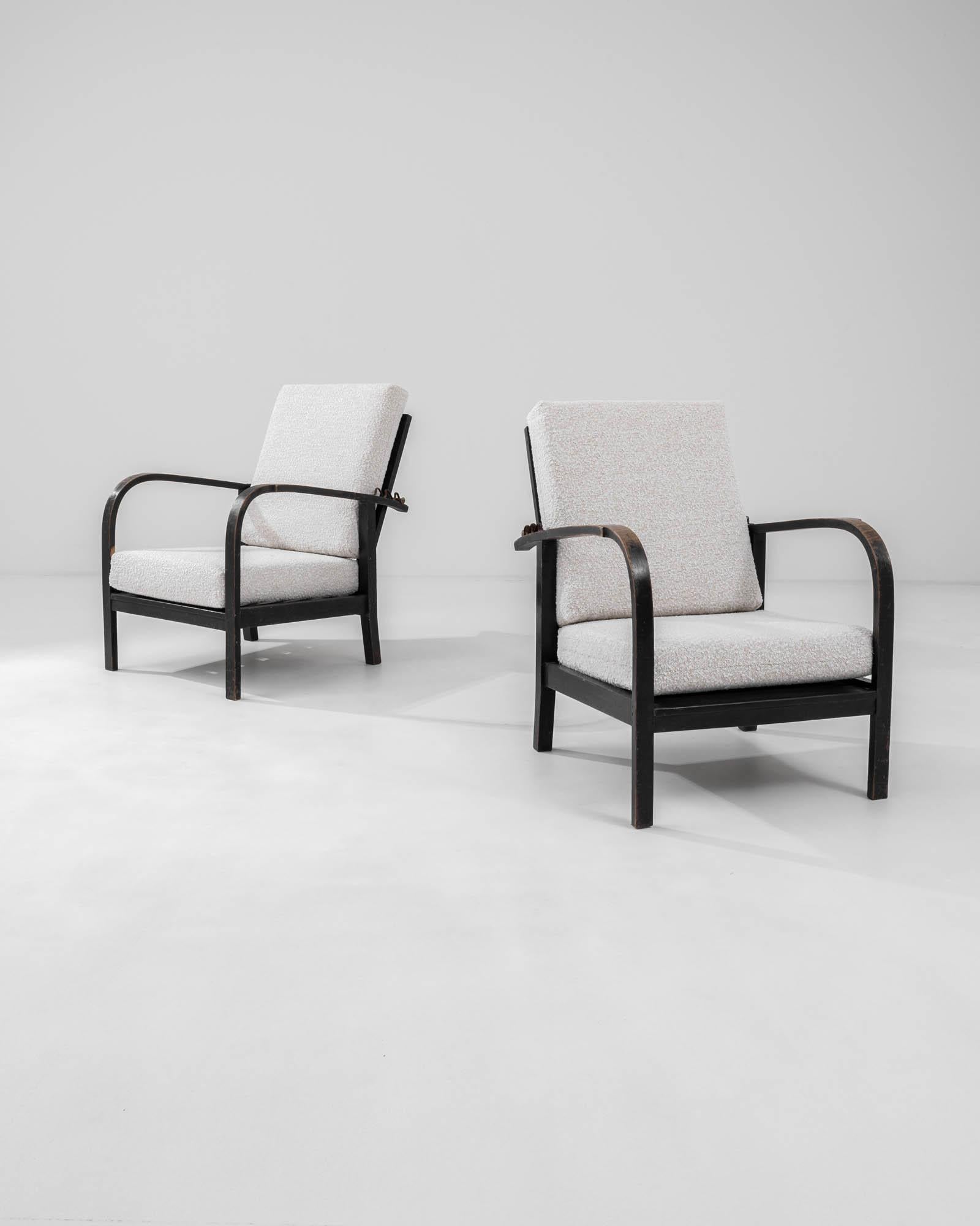 Modern Vintage Central European Wooden Upholstered Armchairs, A Pair For Sale