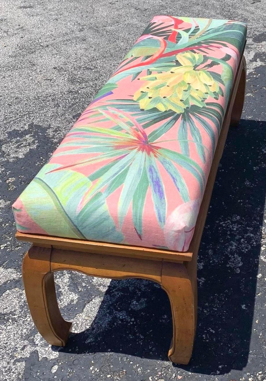 Vintage Century Chair Company Ming Foot Wood Bench With Mokum La Palma Seat In Good Condition For Sale In west palm beach, FL