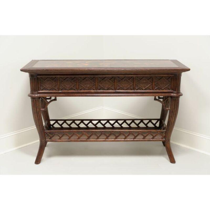 An Asian influenced Regency style console table by Century Furniture. Faux bamboo styled wood, rattan and mottled composition top. Features mottled design composition to the top, rattan fretwork to apron, faux bamboo styling to curved legs joined by