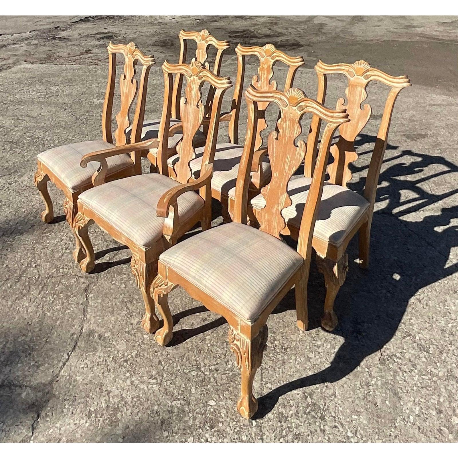 North American Vintage Century Furniture Cerused Chippendale Dining Chairs, Set of 6
