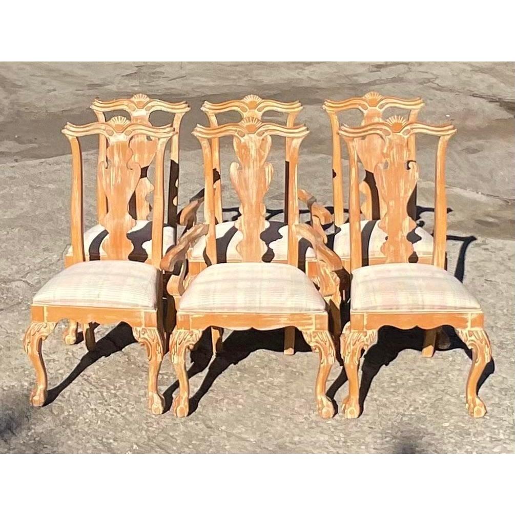 Fabric Vintage Century Furniture Cerused Chippendale Dining Chairs, Set of 6