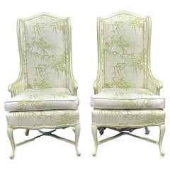 Vintage Century Furniture Wingback Chairs with Bamboo Motif Cotton Upholstery