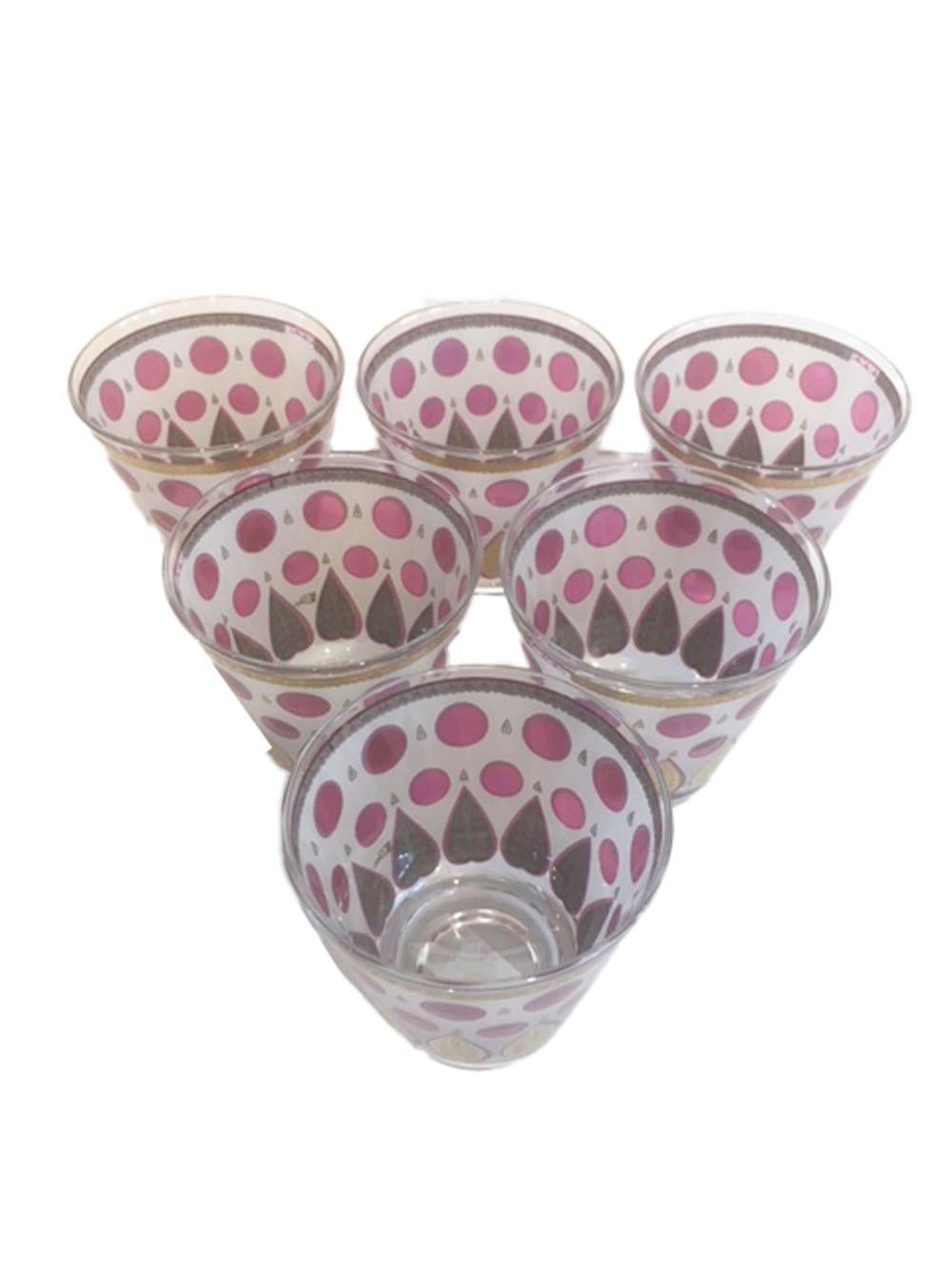 Mid-Century Modern Vintage, Cera Glass, 6 Old Fashioned, Raspberry Dots and Gold Palmettes