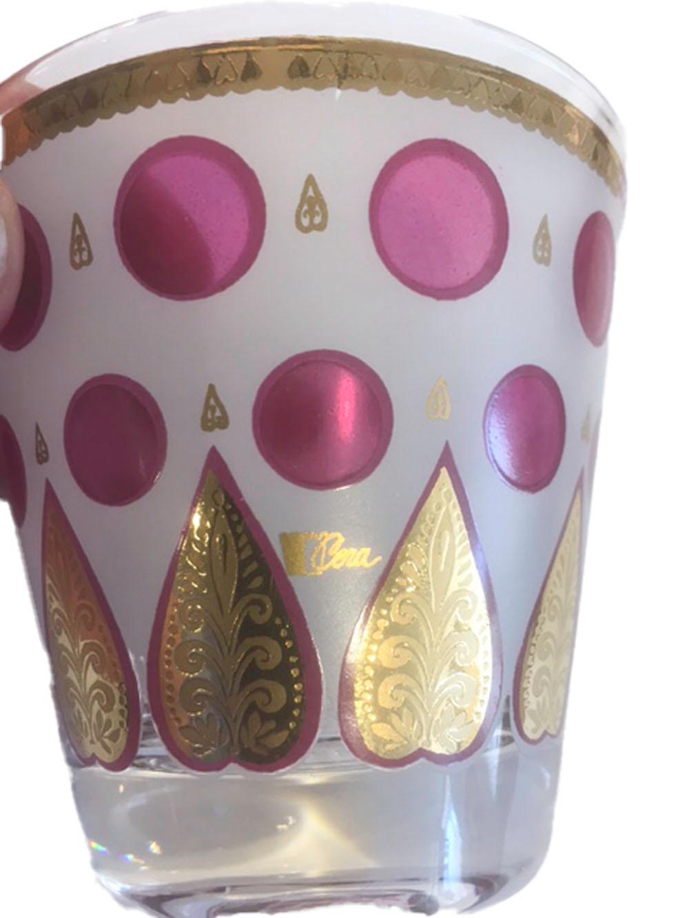 American Vintage, Cera Glass, 6 Old Fashioned, Raspberry Dots and Gold Palmettes