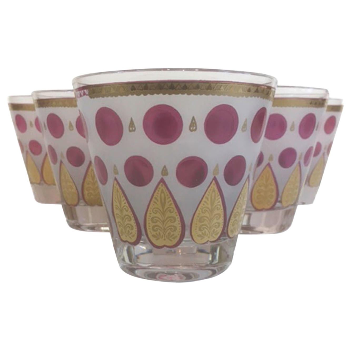 Vintage, Cera Glass, 6 Old Fashioned, Raspberry Dots and Gold Palmettes