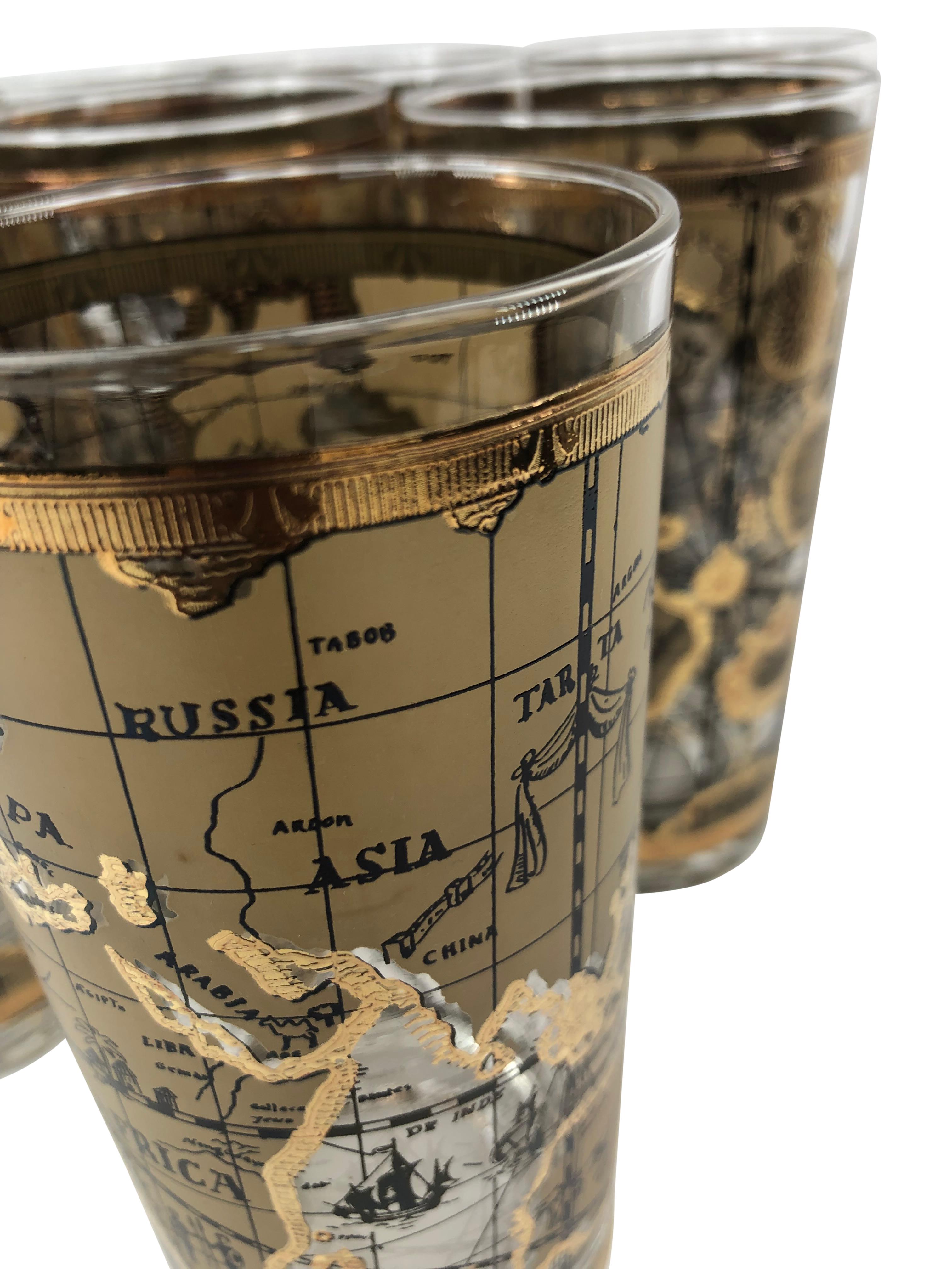 Set of 8 Vintage Cera Glass Highball Glasses With Old World Maps. Glasses measure 5 1/2