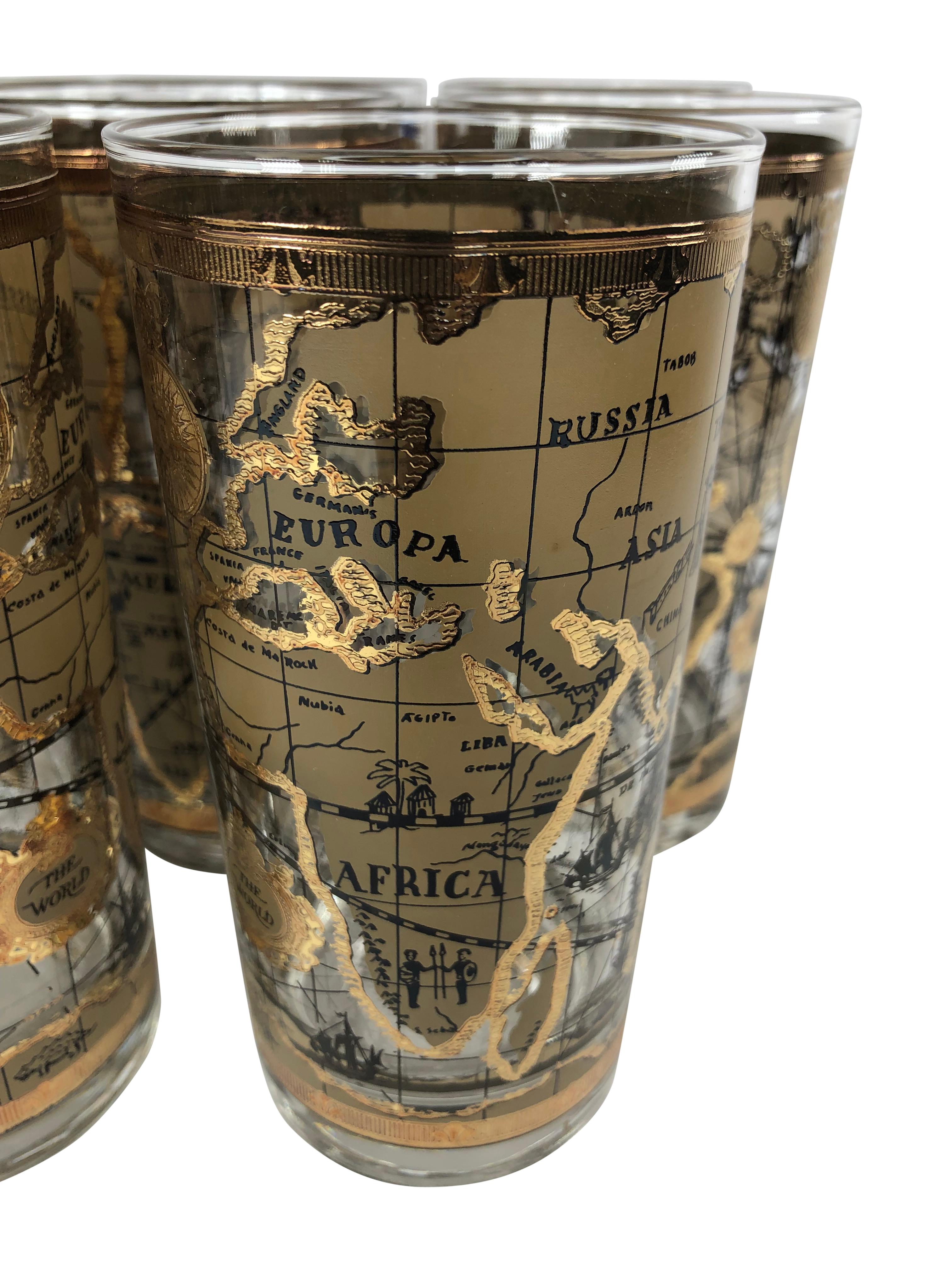 Mid-Century Modern Vintage Cera Glass Highball Glasses With Old World Maps - Set of 8 For Sale