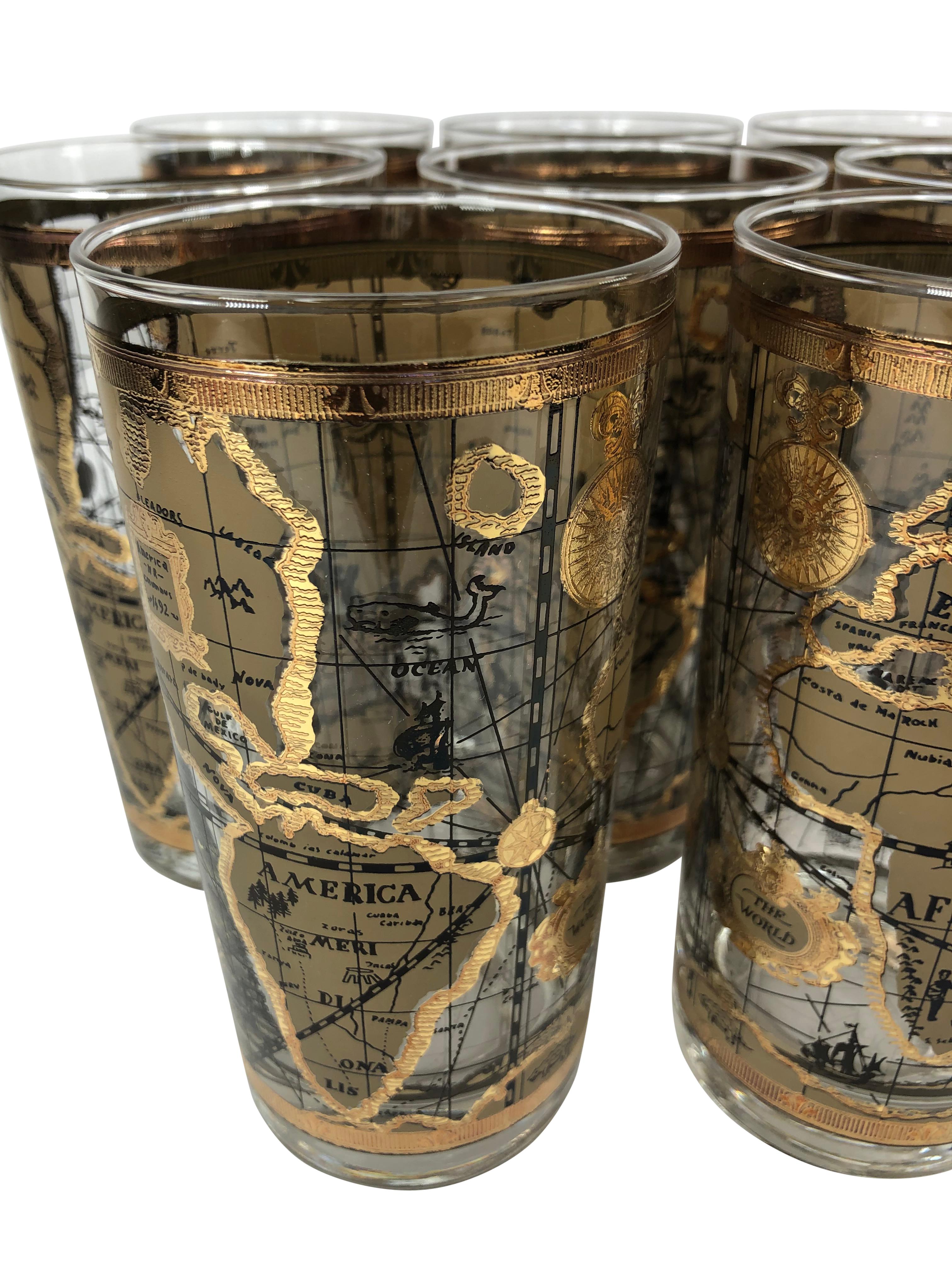 Vintage Cera Glass Highball Glasses With Old World Maps - Set of 8 In Good Condition For Sale In Chapel Hill, NC