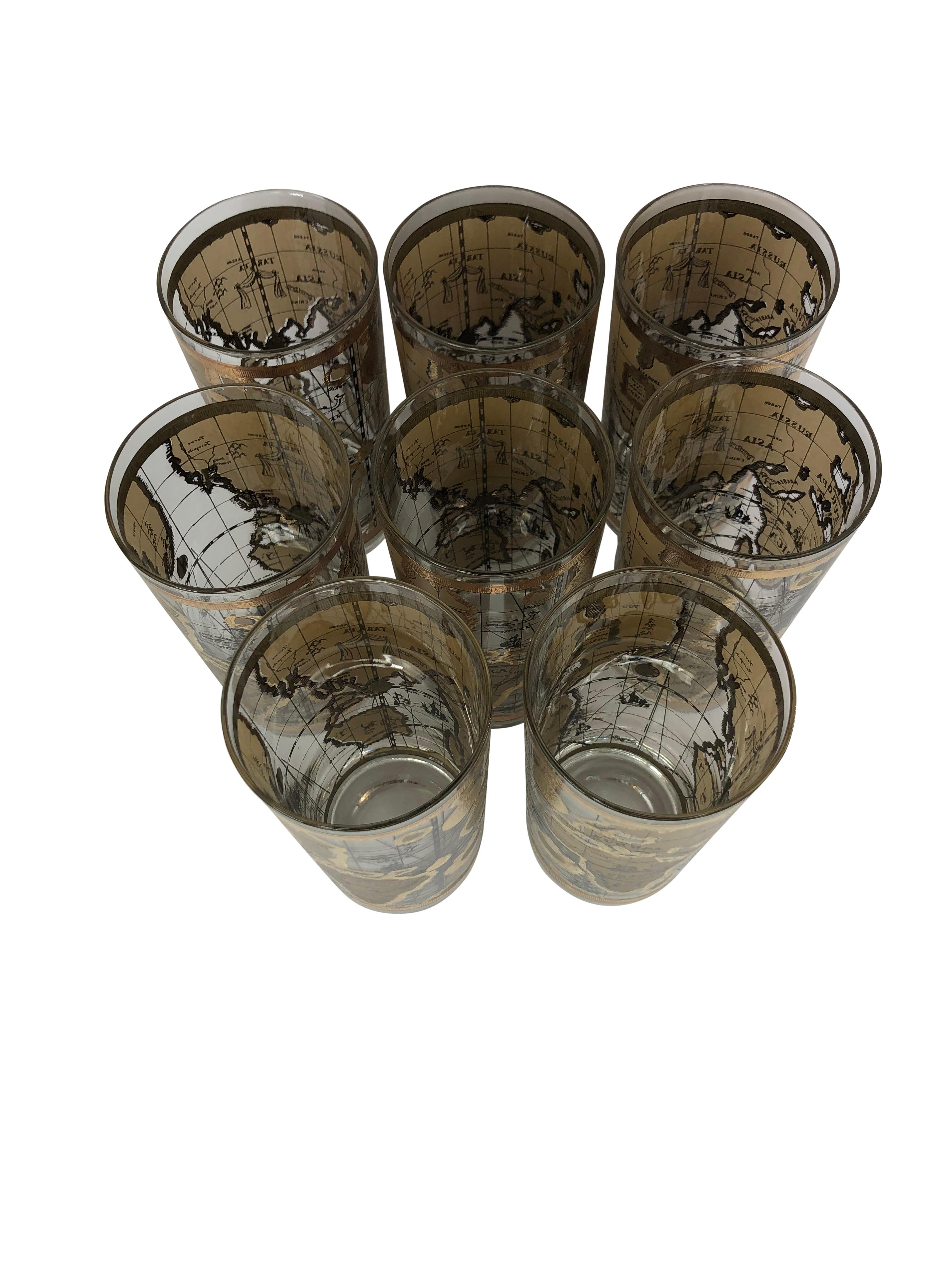 Late 20th Century Vintage Cera Glass Highball Glasses With Old World Maps - Set of 8 For Sale