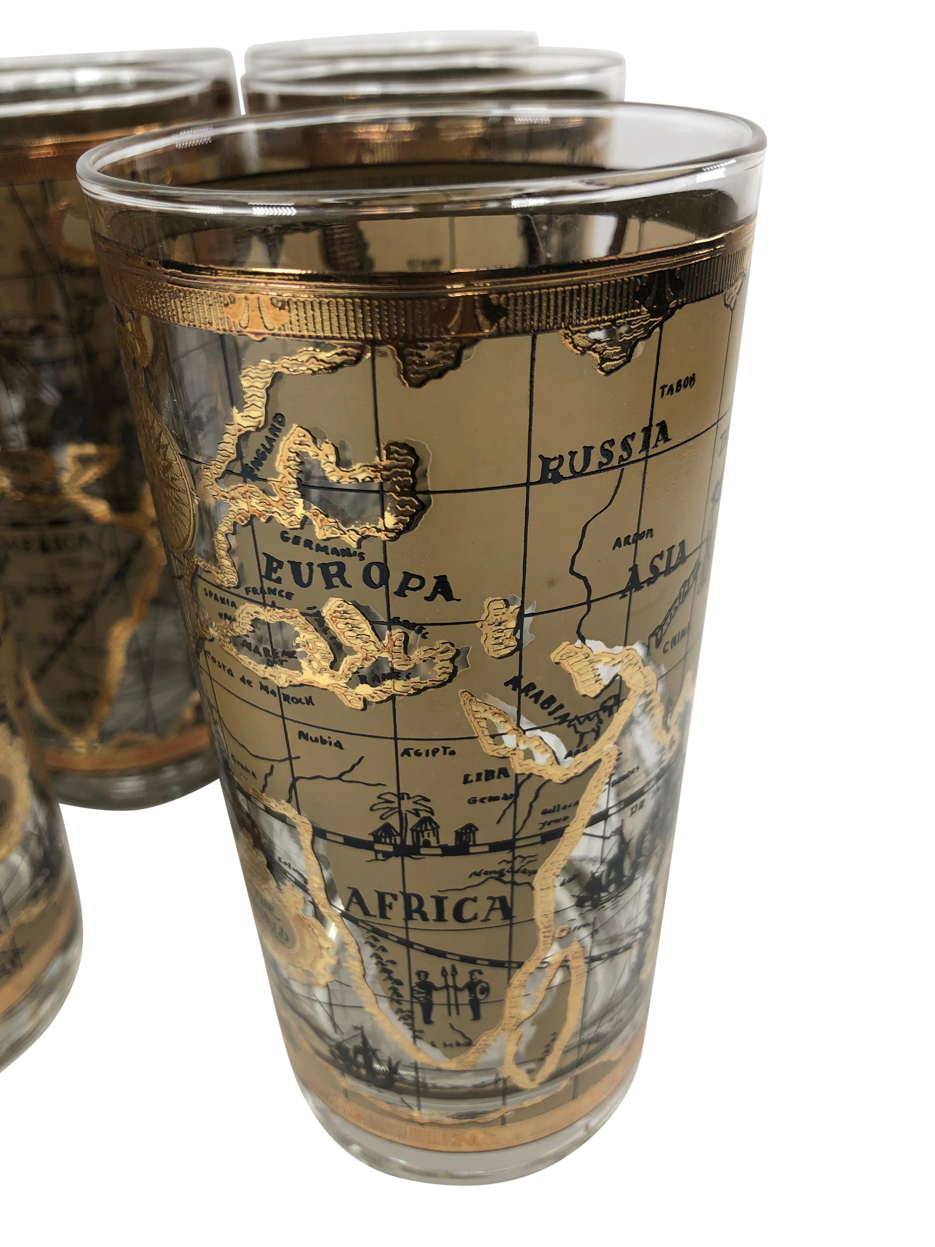 Verres à boules hauts en verre céramique vintage avec cartes du vieux monde - Lot de 8 en vente 1