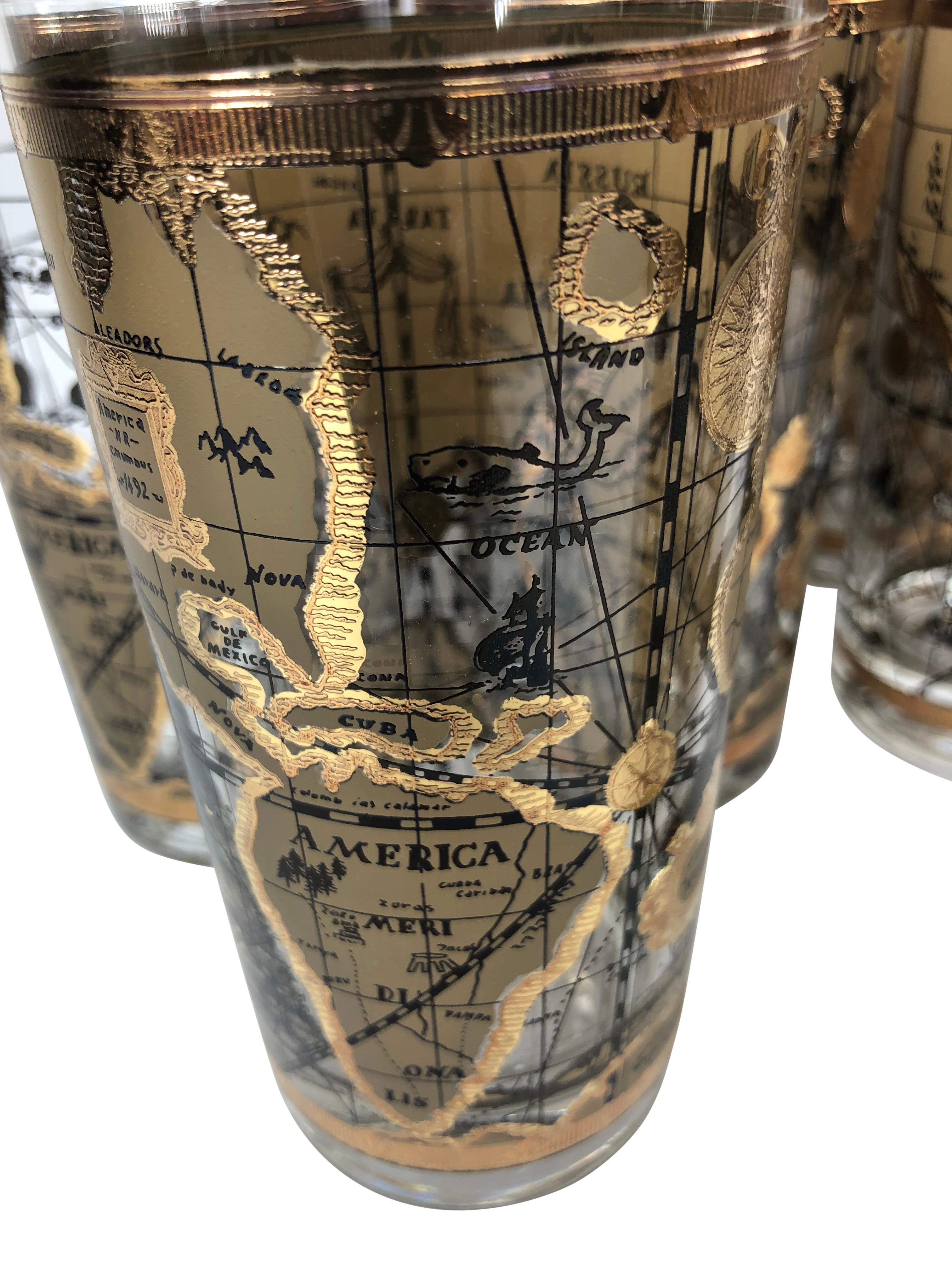 Vintage Cera Glass Highball Glasses With Old World Maps - Set of 8 For Sale 2