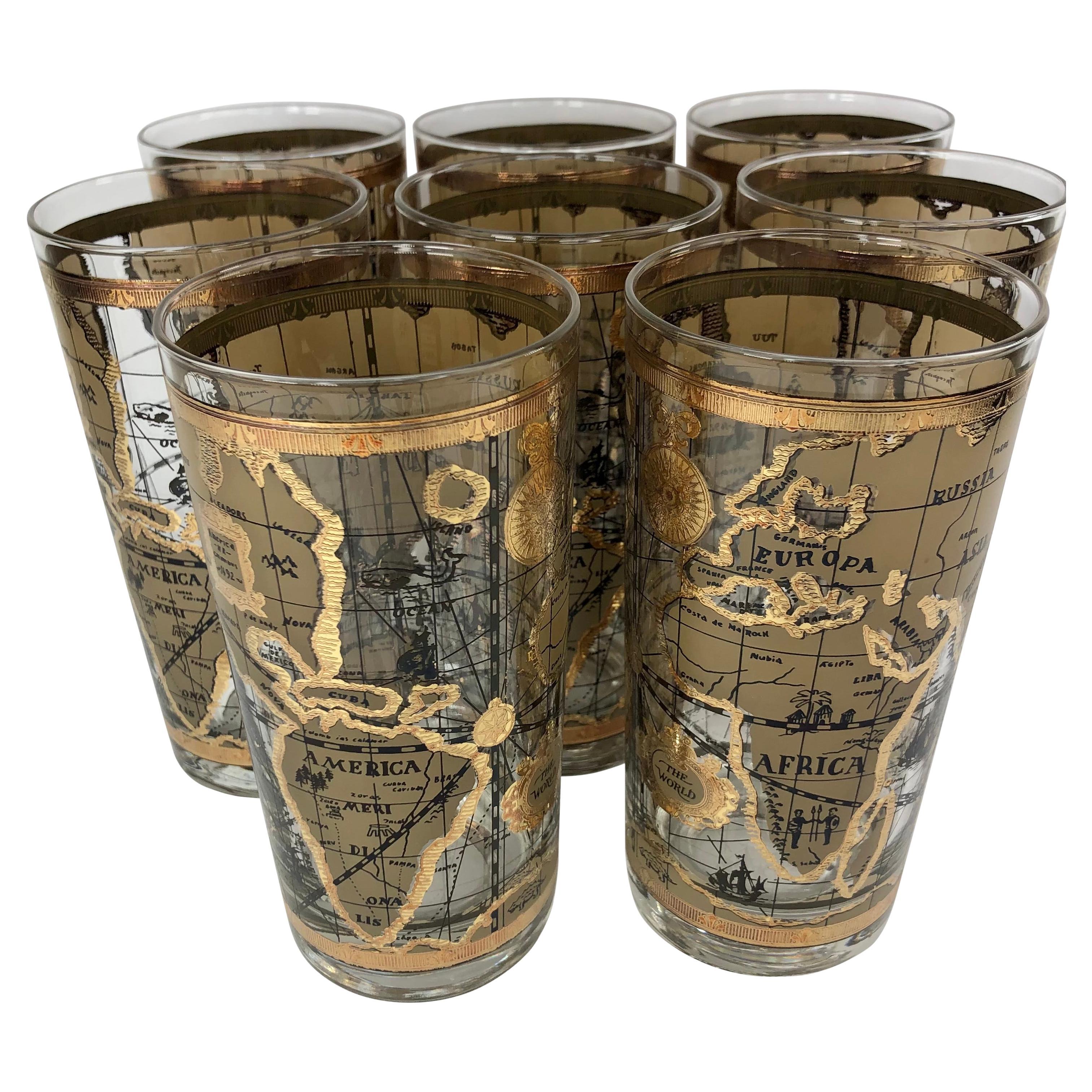 Vintage Cera Glass Highball Glasses With Old World Maps - Set of 8 For Sale