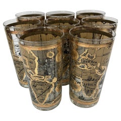 Retro Cera Glass Highball Glasses With Old World Maps - Set of 8