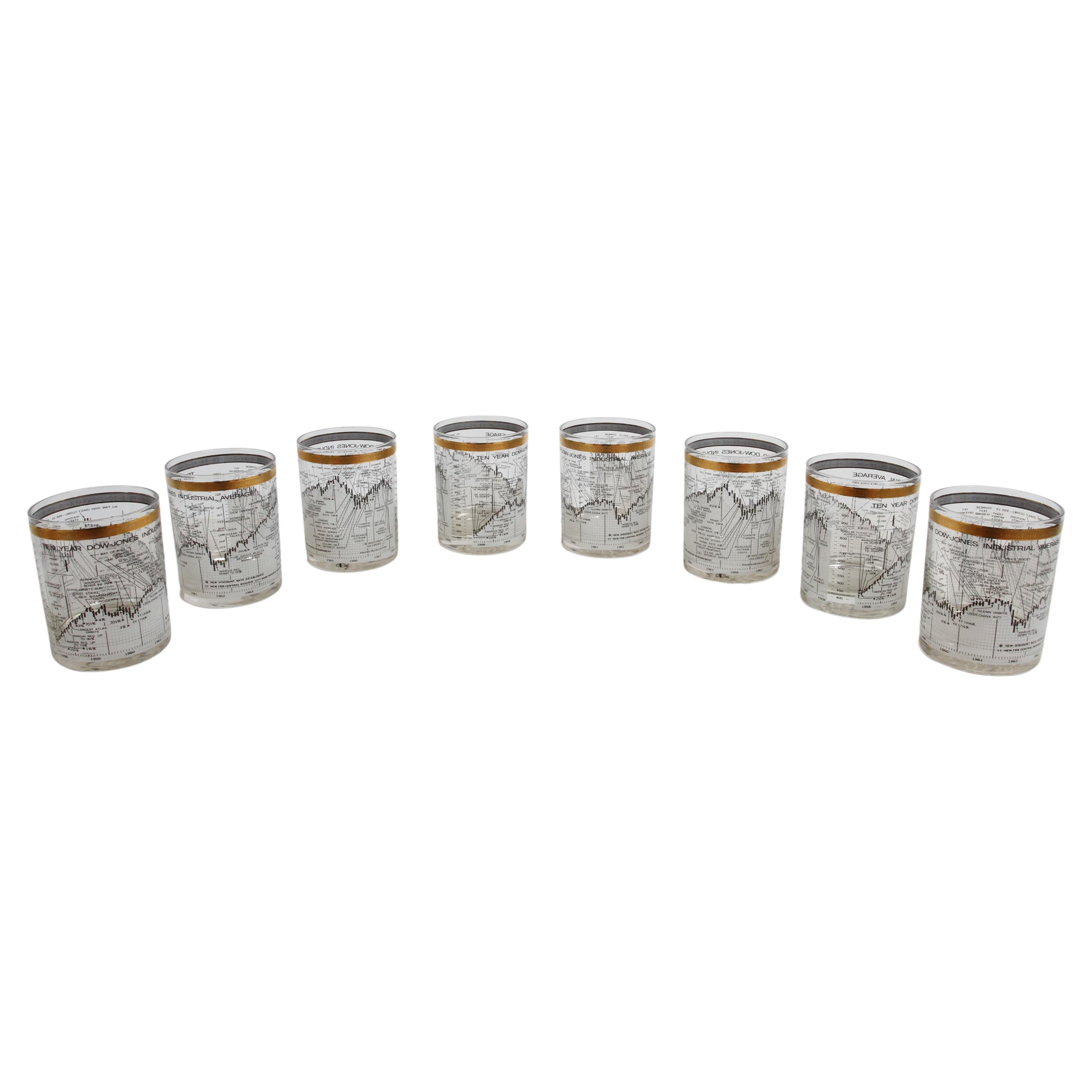 Juego de 8 vasos de cristal vintage Dow-Jones Industrial Average 1958-68 Rocks Glasses