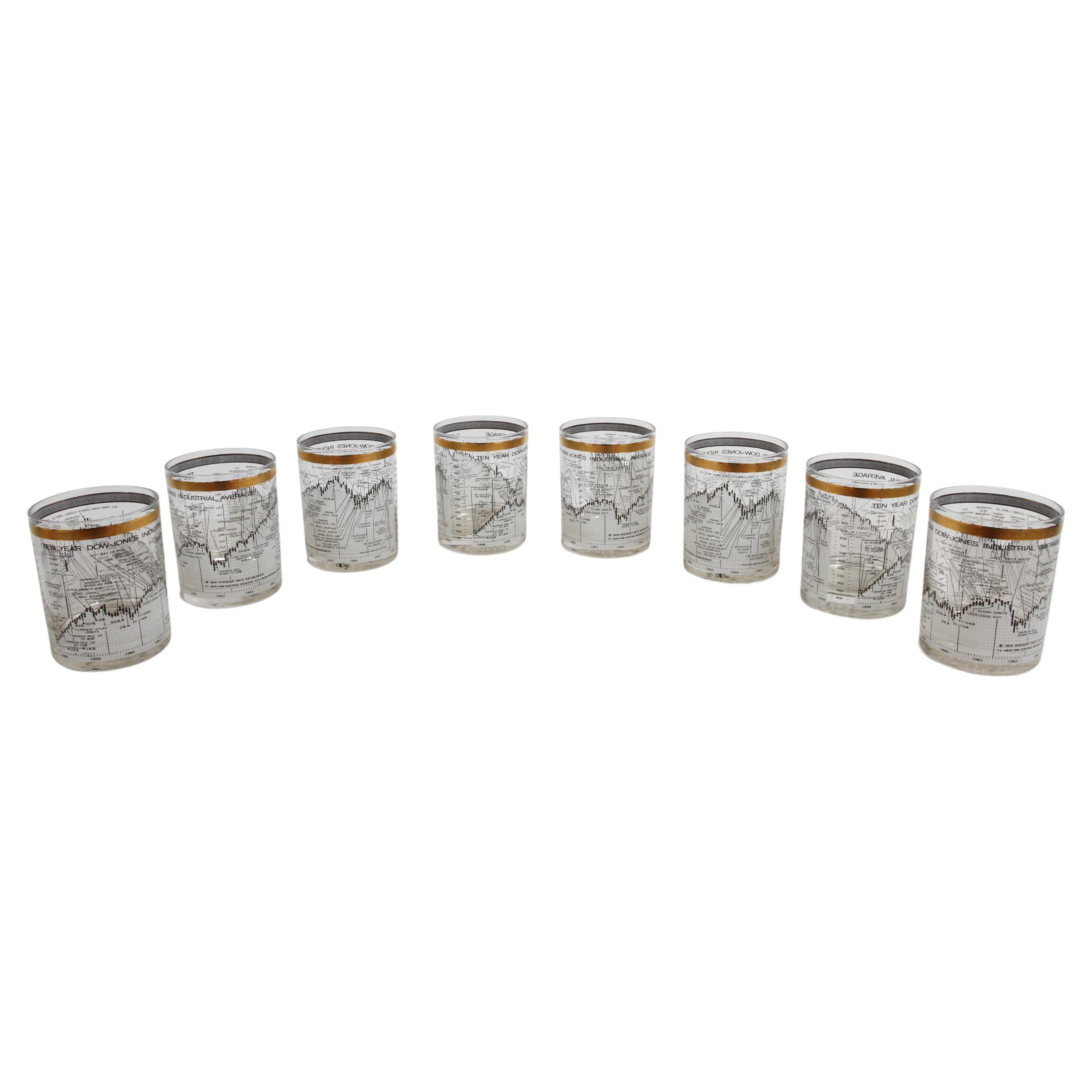 Ensemble de 8 verres vintage Cera en verre Dow-Jones Industrial Average 1958-68 Rocks en vente