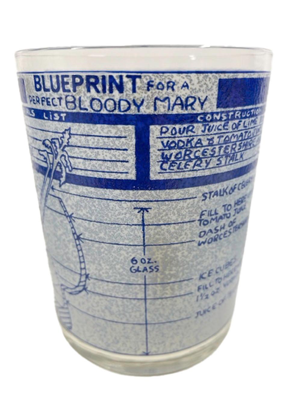 Set of four Mid-Century Modern rocks glasses by Cera, decorated in blues and white with designs based on blueprints with materials, and construction instruction for various cocktails, including diagrams of the finished product.