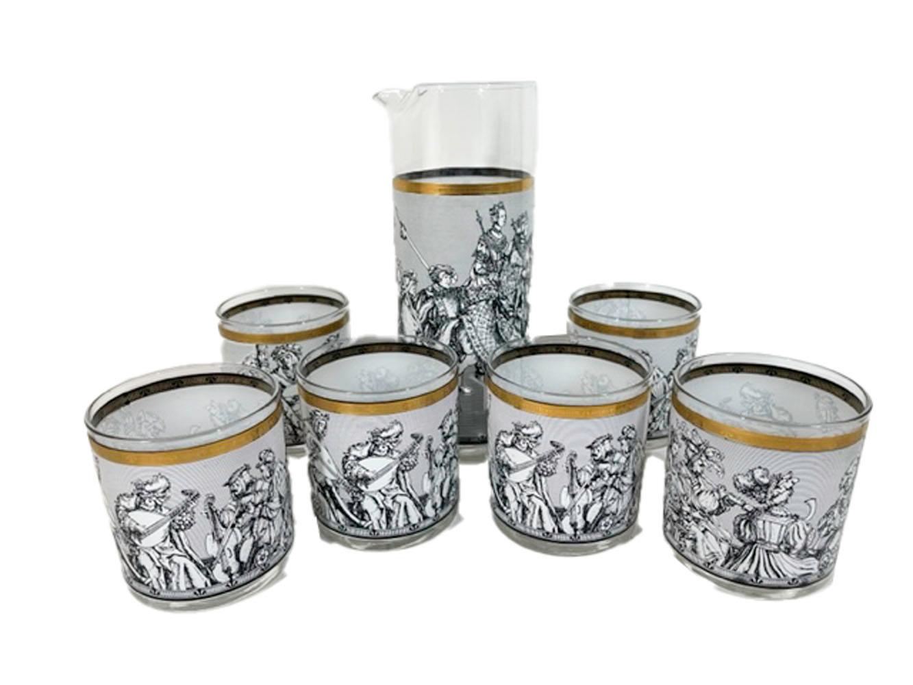 Vintage seven-piece cocktail set by Cera Glassware in the Camelot pattern. Executed in black lines on white ground in imitation of line engravings, each form in this pattern depicts people of the Medieval period in various pursuits. Above each scene