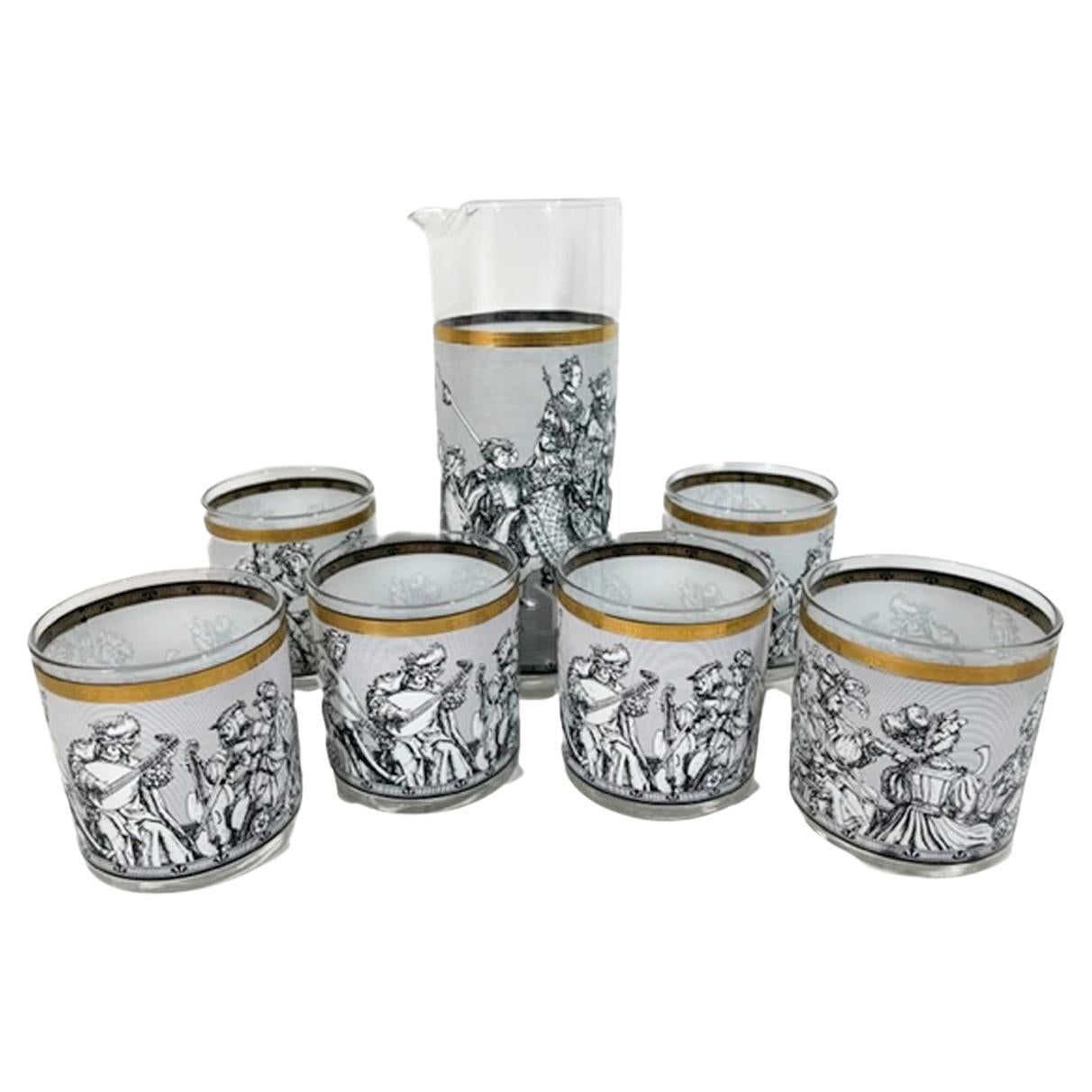 Vintage Cera Glassware Camelot Pattern Cocktail Set in Black and White For Sale