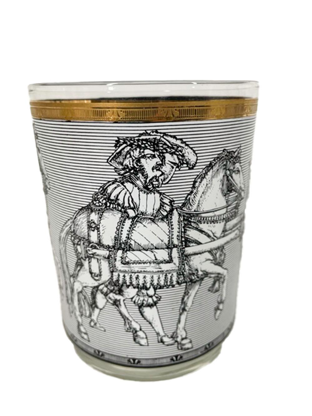 Mid-Century Modern Vintage Cera Glassware Camelot Pattern Rocks Glasses in Black and White For Sale