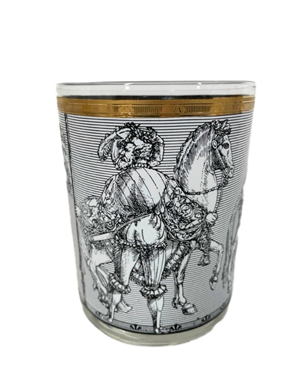 American Vintage Cera Glassware Camelot Pattern Rocks Glasses in Black and White For Sale