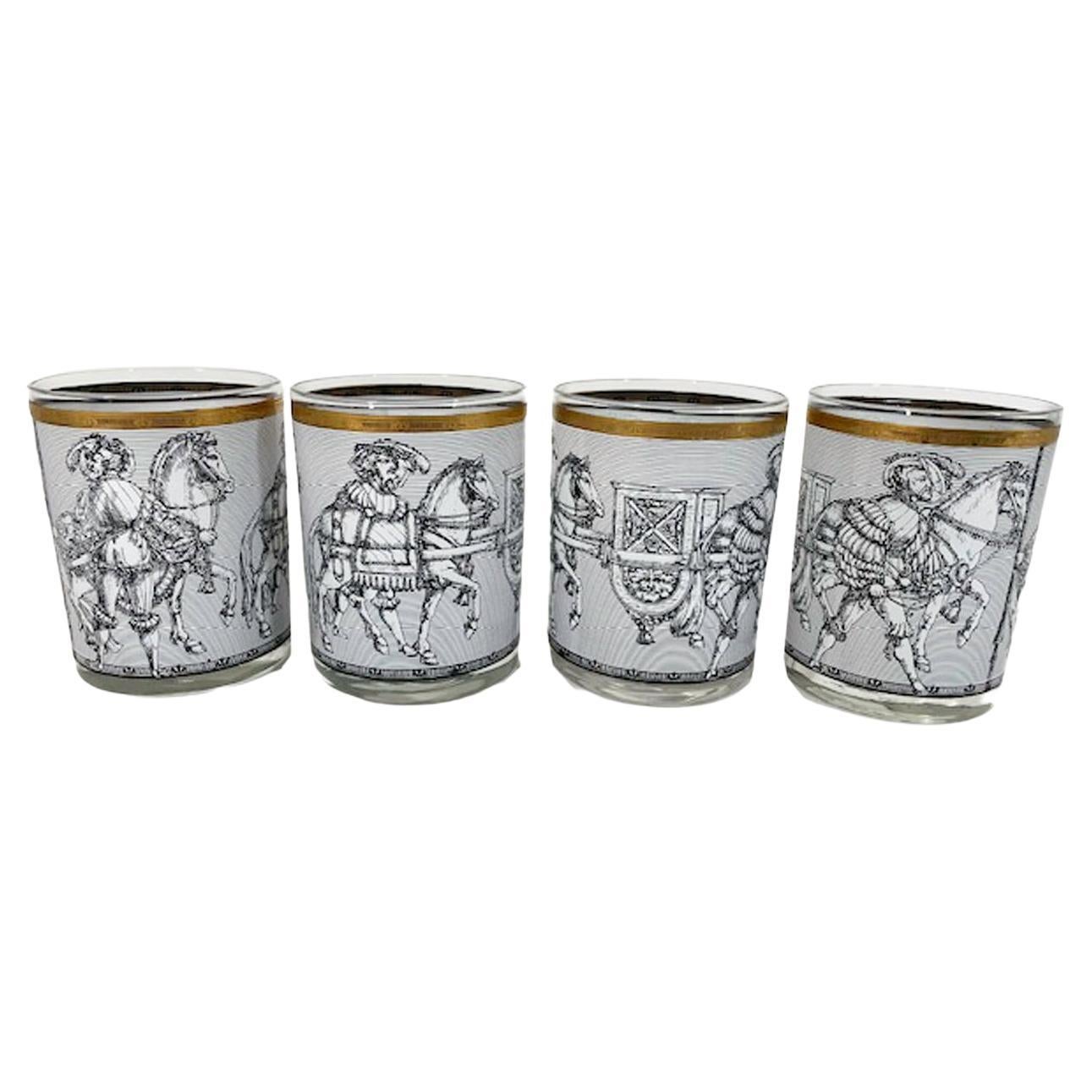 Vintage Cera Glassware Camelot Pattern Rocks Glasses in Black and White For Sale