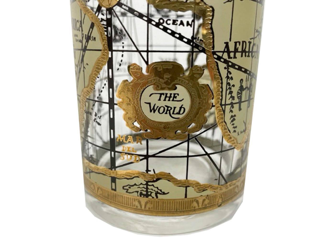 Vintage cocktail pitcher by Cera in the Old World Map pattern, with a map designed to look like an antique map on parchment in tans and 22k gold.

We have multiple listings for the Old World Map pattern in other forms, some with multiple