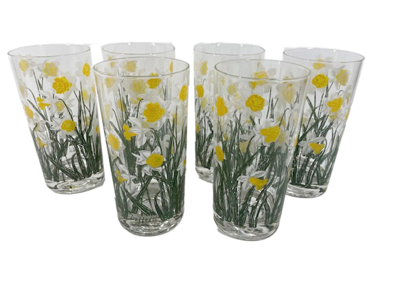 Mid-Century Modern Vintage Cera Glassware Highball Glasses with Enameled Daffodil Decoration