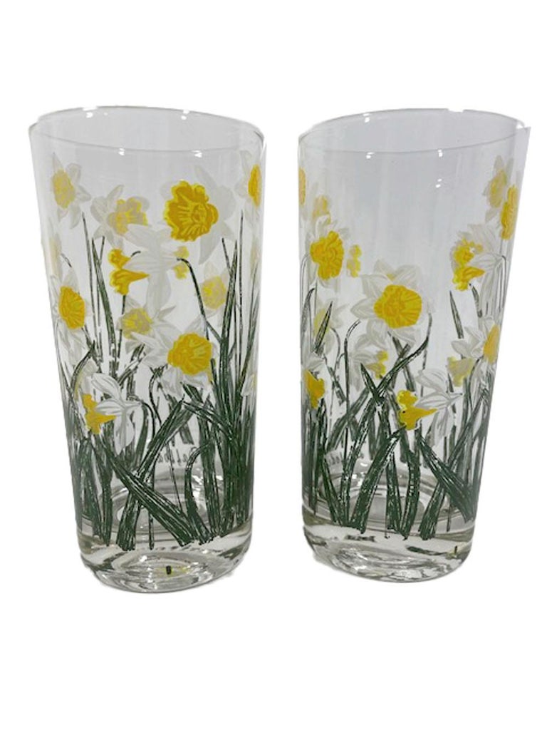Vintage Cera Glassware Highball Glasses with Enameled Daffodil