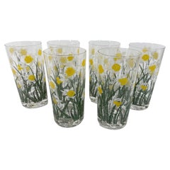 Vintage Cera Glassware Highball Glasses with Enameled Daffodil Decoration
