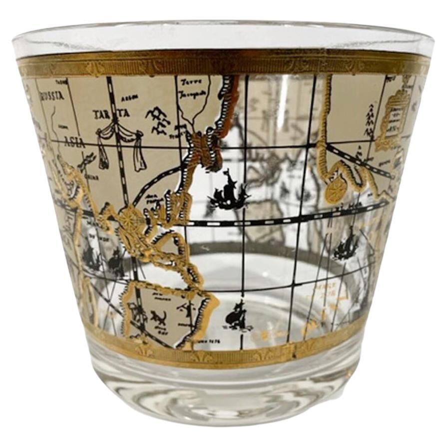 Mid-Century Modern ice bowl by Cera in the Old World Map pattern, with a map designed to look like an antique map on parchment in tans and 22k gold.

We have multiple listings for the Old World Map pattern in other forms, some with multiple