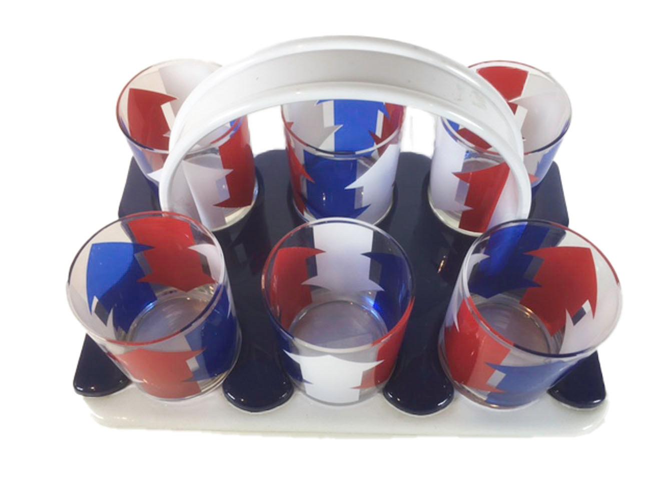 Mid-Century Modern Vintage Cera Glassware, Red, White and Blue Arrow Barware Suite For Sale