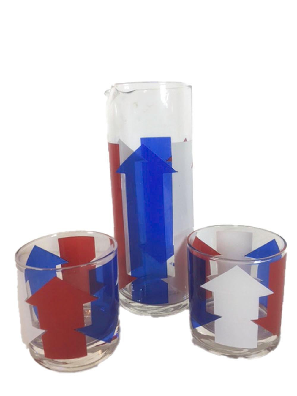 Enameled Vintage Cera Glassware, Red, White and Blue Arrow Barware Suite For Sale