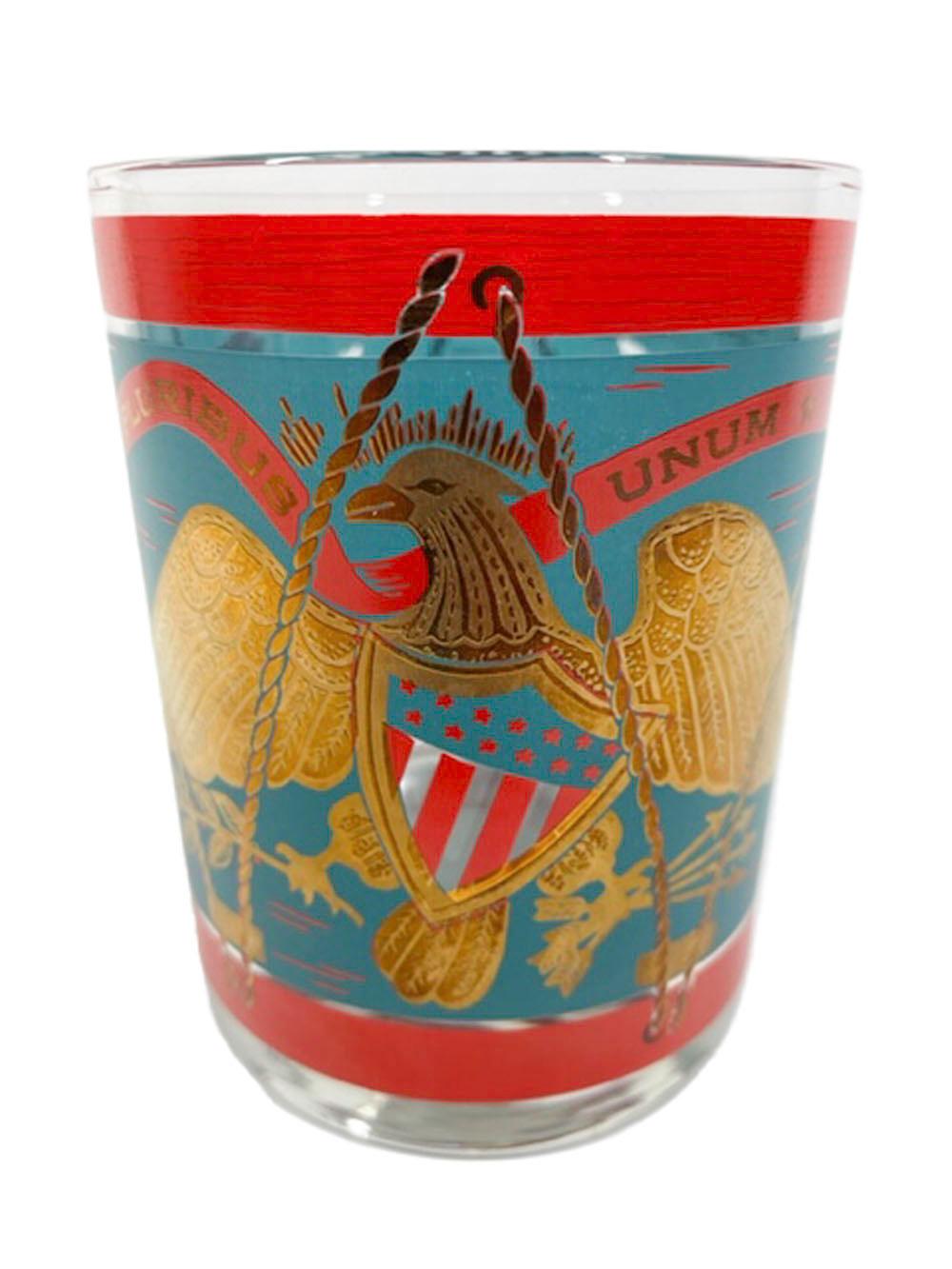 Set of 6 vintage rocks glasses by Cera Glassware in teal and red enamel with 22k gold - decorated as a parade drum with a spread-winged eagle on the front and a shield on the back.