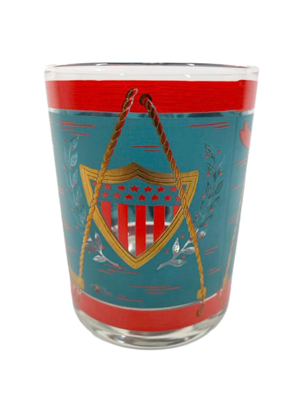 Mid-Century Modern Vintage Cera Glassware Rocks Glasses in Teal and Red Drum Pattern w/Gold Eagle
