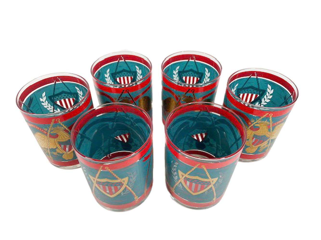 American Vintage Cera Glassware Rocks Glasses in Teal and Red Drum Pattern w/Gold Eagle