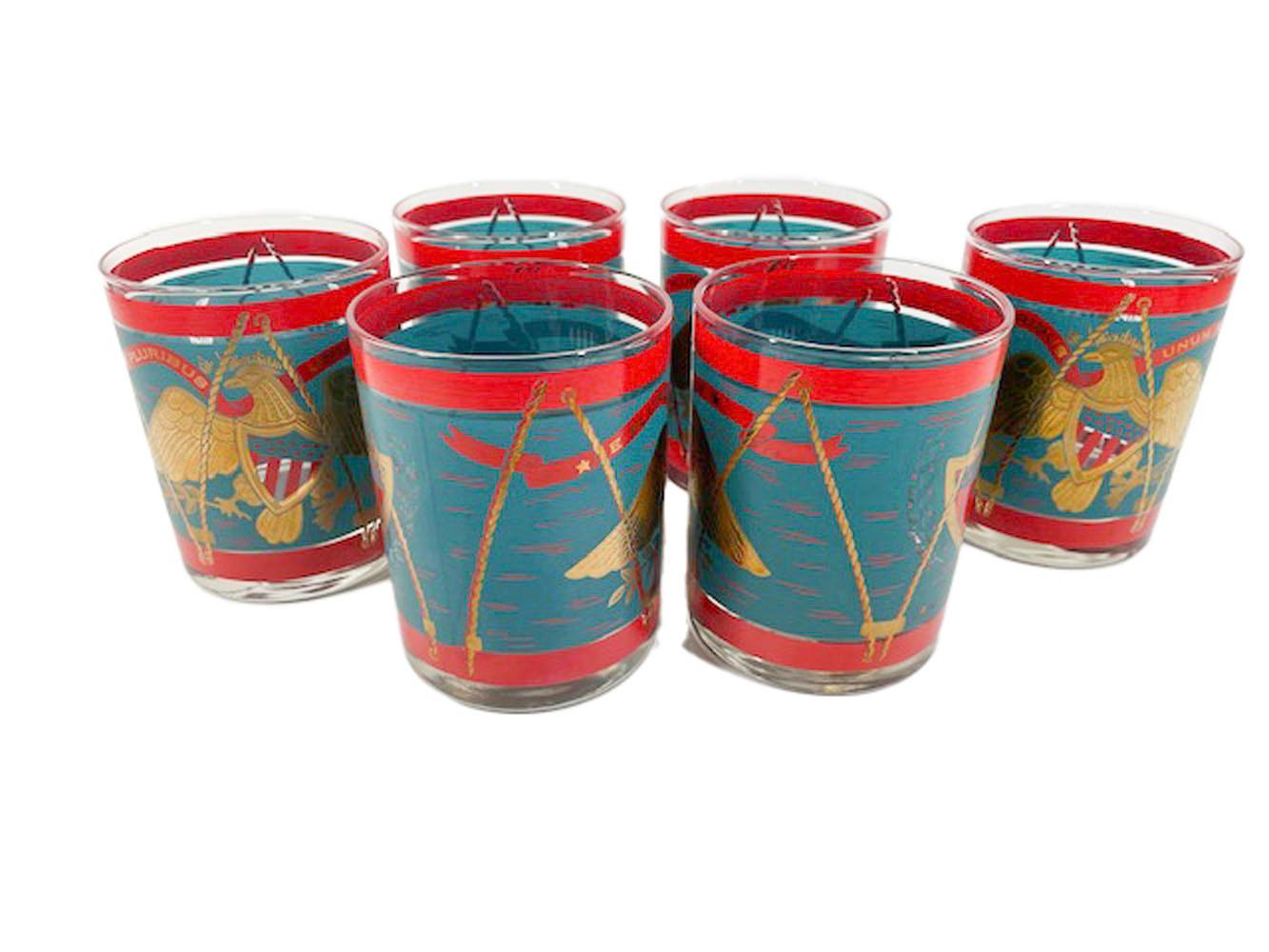 Vintage Cera Glassware Rocks Glasses in Teal and Red Drum Pattern w/Gold Eagle In Good Condition In Nantucket, MA