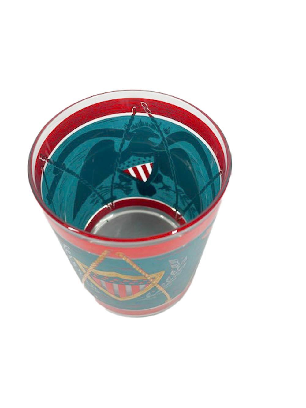 20th Century Vintage Cera Glassware Rocks Glasses in Teal and Red Drum Pattern w/Gold Eagle