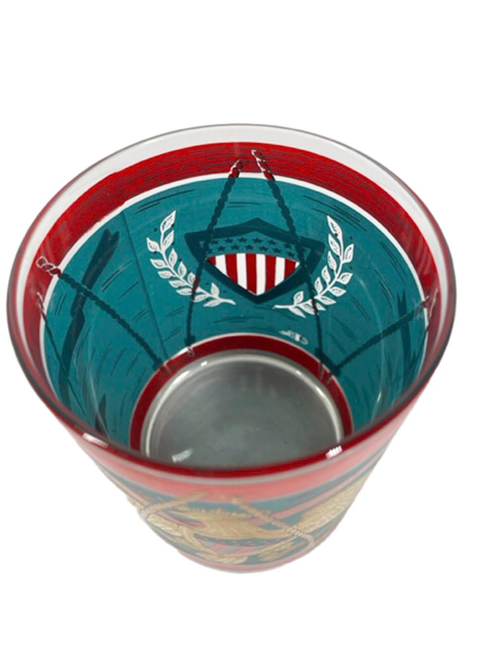 Vintage Cera Glassware Rocks Glasses in Teal and Red Drum Pattern w/Gold Eagle 1