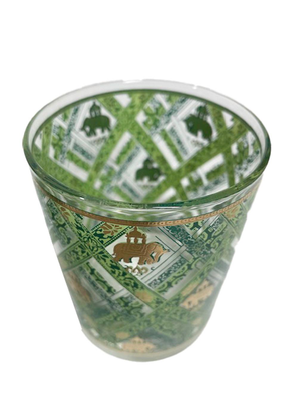 American Vintage Cera Glassware Rocks Glasses with Mughal Elephants on a Lattice Ground