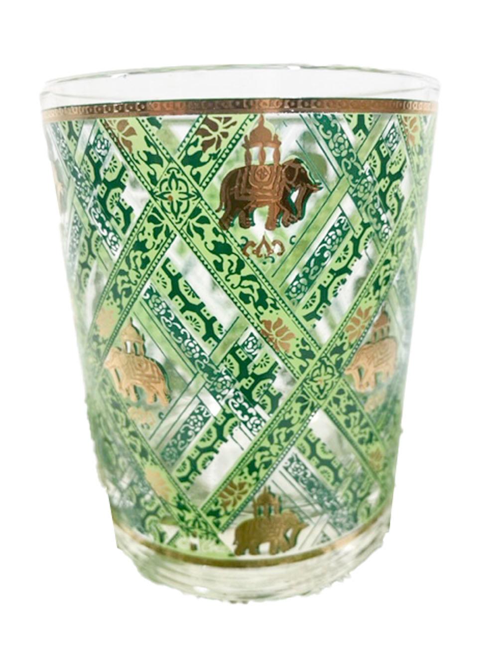Vintage Cera Glassware Rocks Glasses with Mughal Elephants on a Lattice Ground In Good Condition In Nantucket, MA