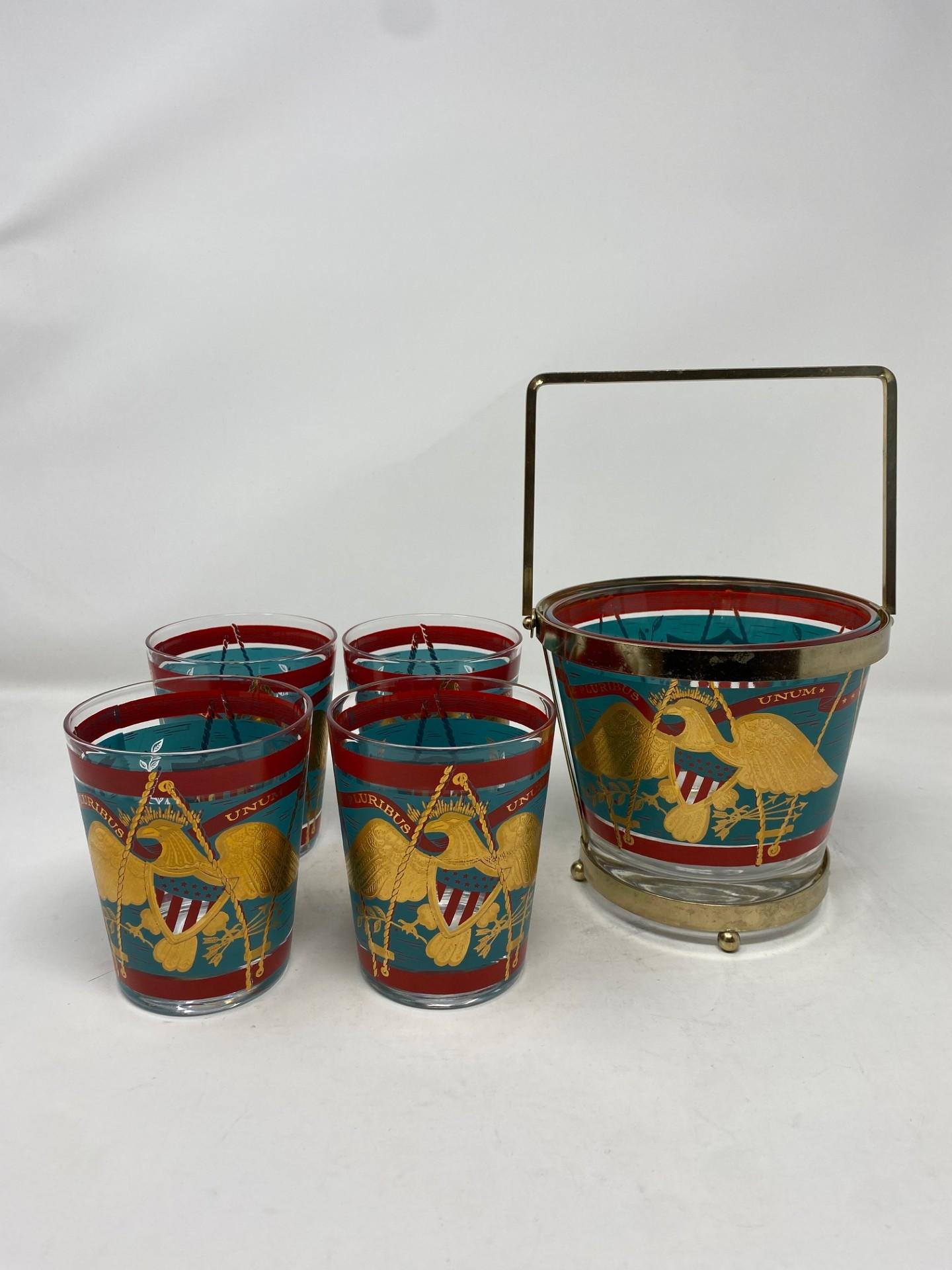 Mid-Century Modern Verres de bar et seau à glace Cera Gold Eagle E Pluribus Unum en vente