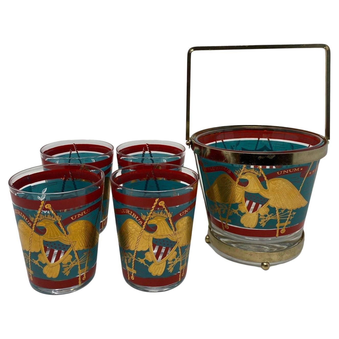 Vintage Cera Gold Eagle E Pluribus Unum Bar Glasses and Ice Bucket