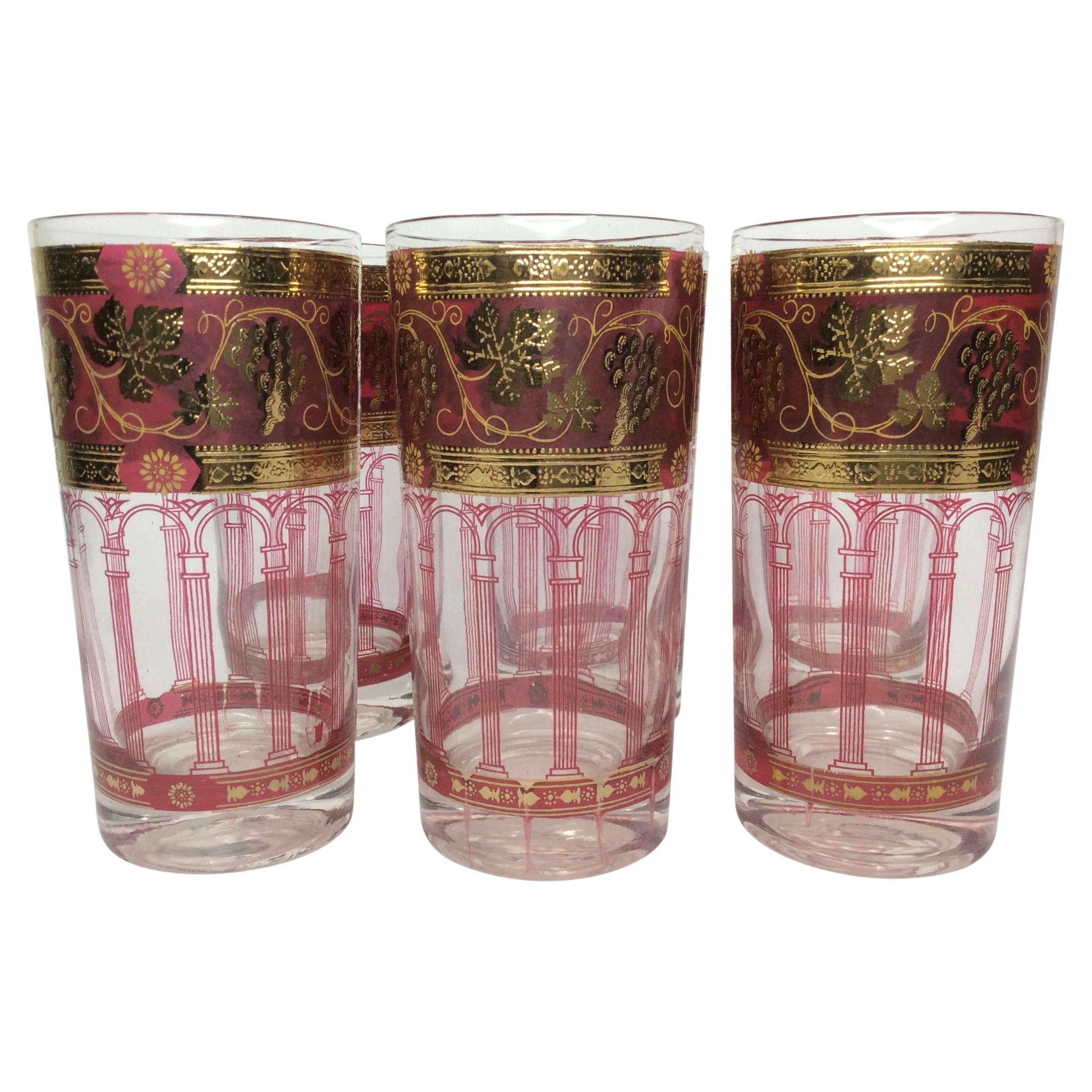 Vintage Cera Highball Glasses with Grapes and Arched Columns - Set of 6 For Sale