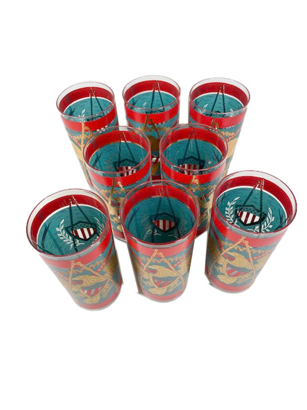 Mid-Century Modern Vintage Cera Patriotic Drum Highball Glasses in Teal & Red Enamel with 22k Gold For Sale