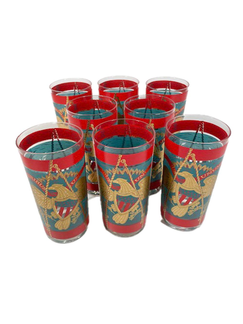 American Vintage Cera Patriotic Drum Highball Glasses in Teal & Red Enamel with 22k Gold For Sale
