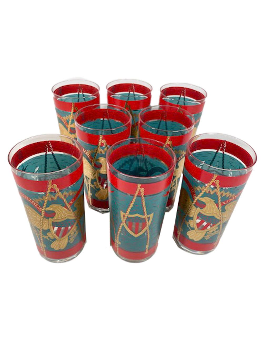 Vintage Cera Patriotic Drum Highball Glasses in Teal & Red Enamel with 22k Gold In Good Condition For Sale In Nantucket, MA