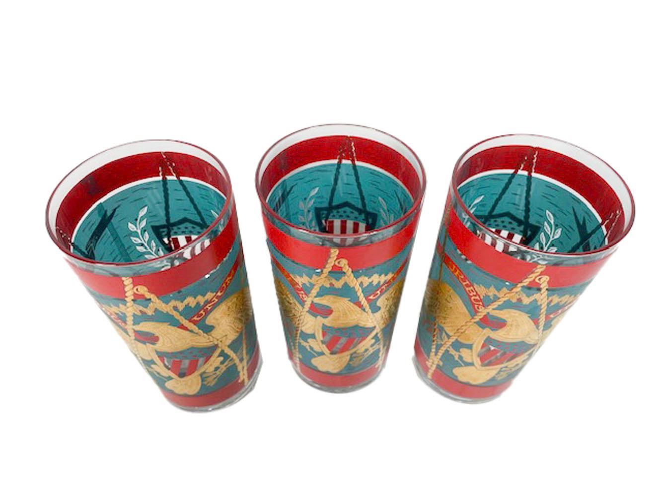 20th Century Vintage Cera Patriotic Drum Highball Glasses in Teal & Red Enamel with 22k Gold For Sale