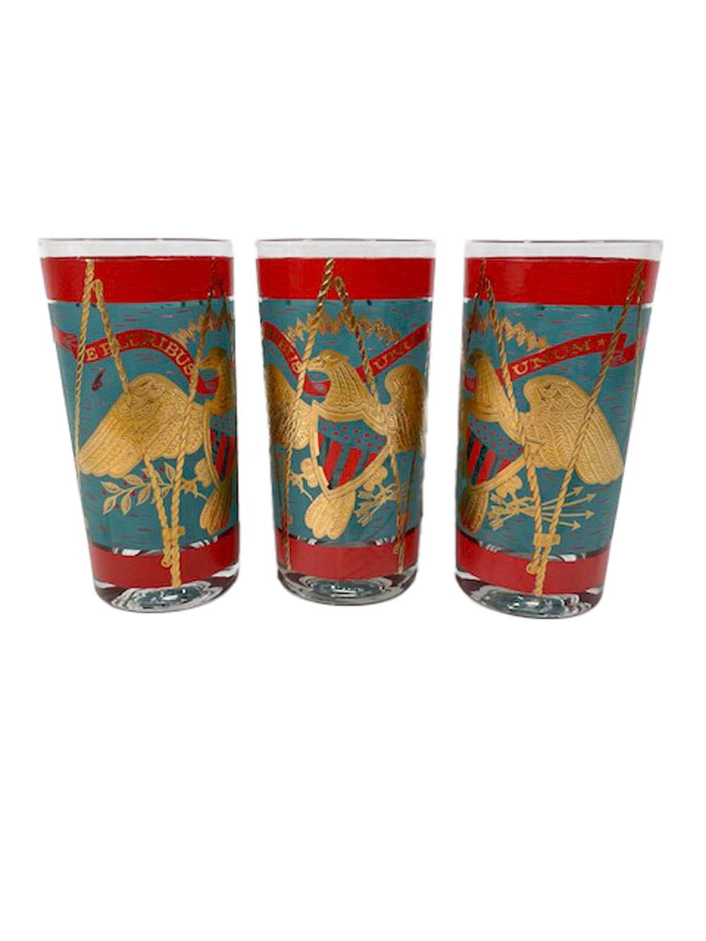 Vintage Cera Patriotic Drum Highball Glasses in Teal & Red Enamel with 22k Gold For Sale 1