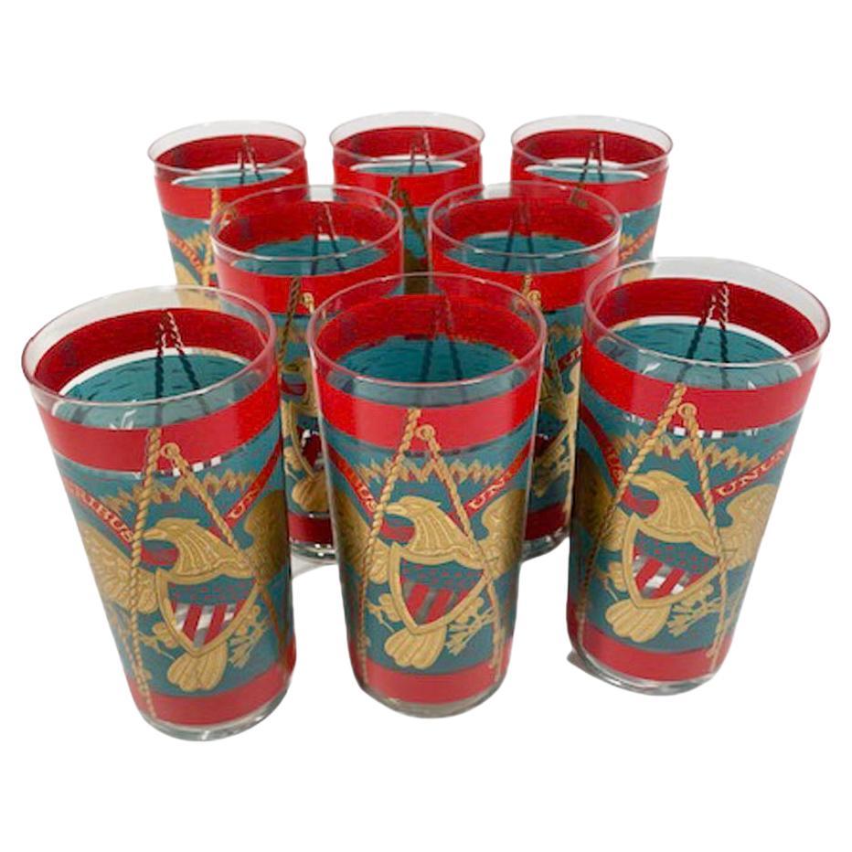 Vintage Cera Patriotic Drum Highball Glasses in Teal & Red Enamel with 22k Gold For Sale